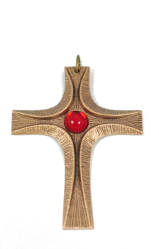 Bronze-Halskreuz mit rotem Glasstein