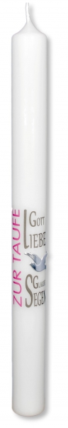 Taufkerze "Zur Taufe - Gott, Liebe, Glaube, Segen" Transfer grau, rosa mit silberne Wachstaube